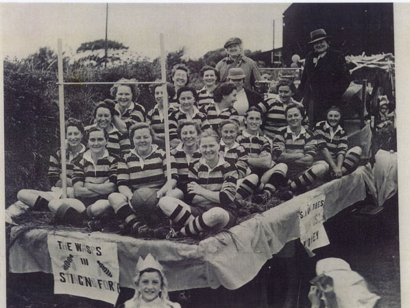 Copy of an undated photograph representing Llangwm Ladies Rugby Team. Back Row � Margaret Watkins, Standing Lena Jones, Daphne Davies, Lily Saies?, Next Row � Mrs Kinder, Cynthia John, Elsie Morgan, Next Row � Ellen Skyrme, Betty Bennett, May Prout, Lily Jones, Myra Rees, Next Row � Hilda Shepherd